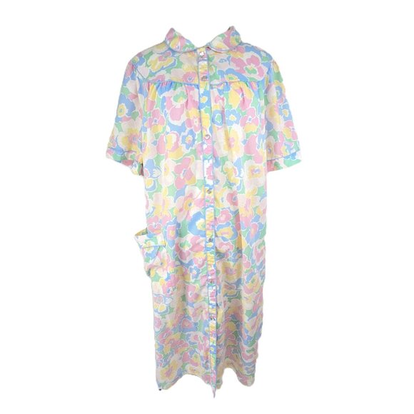 Vintage 80s 90s Cathy MultiColor  Floral Pearl Snap House Dress Nightgown Duster - Picture 1 of 9